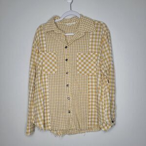 Oli & Hali white yellow plaid distressed button front rustic boho top size small